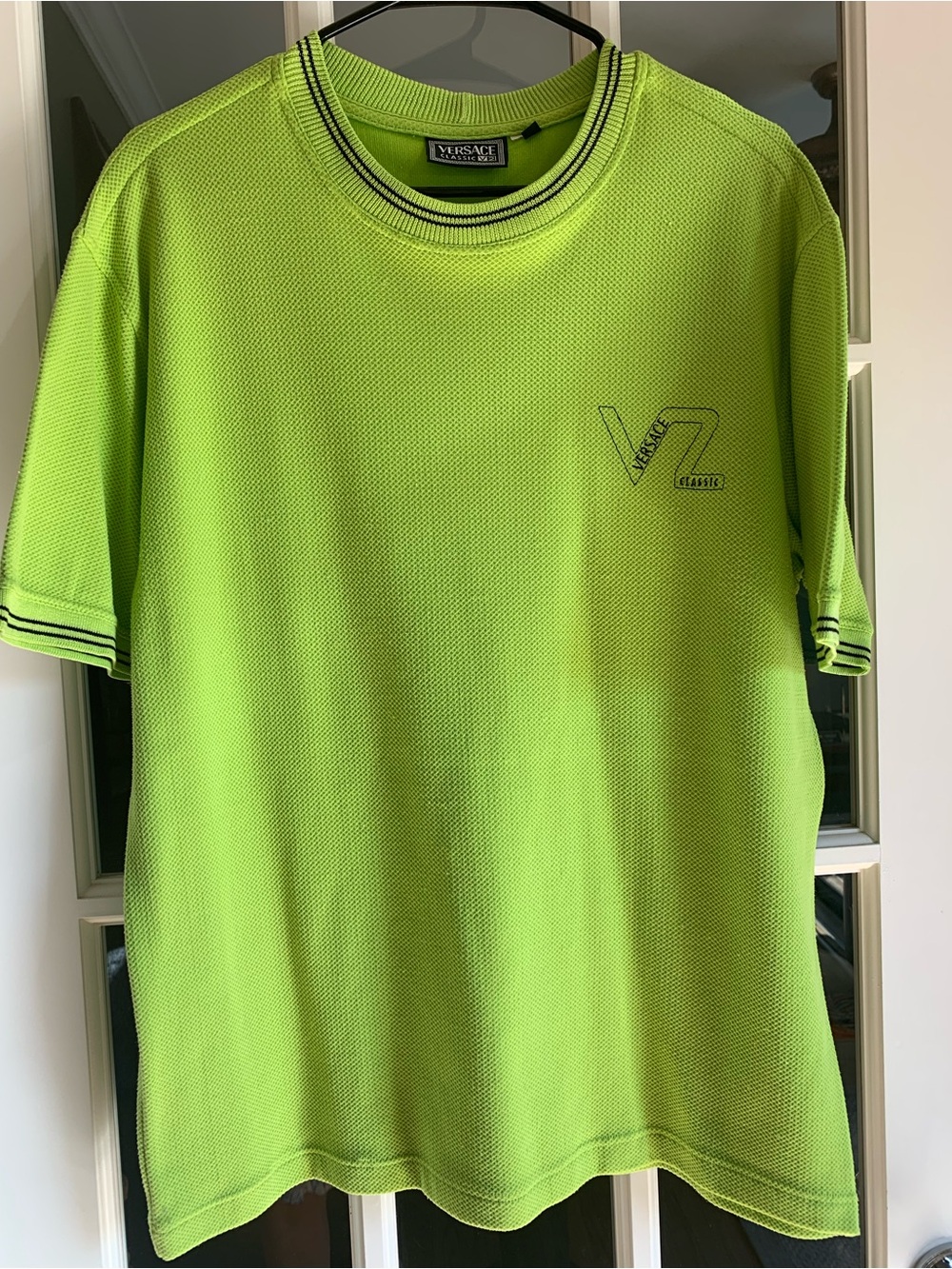 VTG Gianni Versace V2 90s LIME GREEN/Blk knit pullover, Italy, 1 owner, Unique